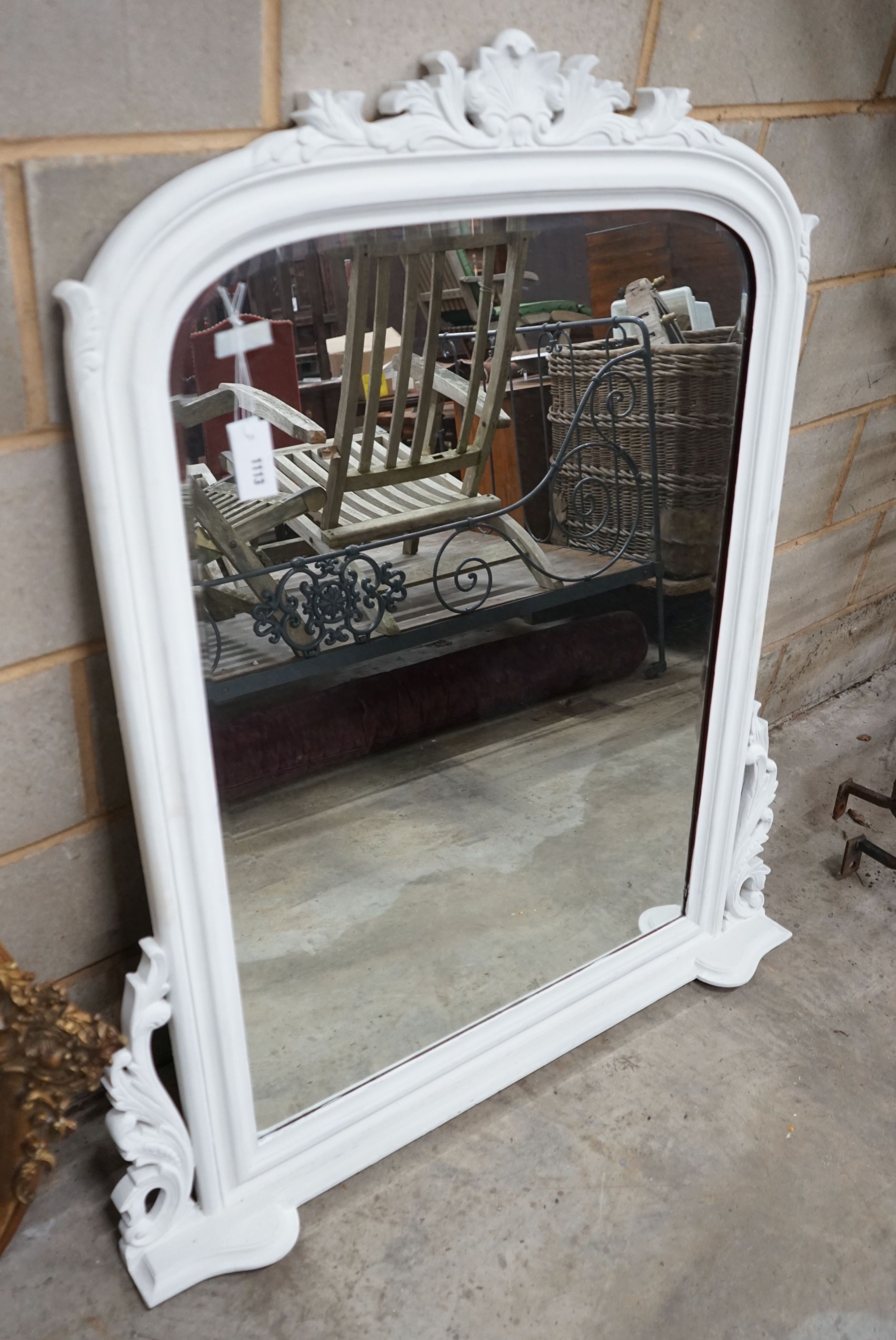 A Victorian style overmantel mirror, later white painted, width 110cm, height 126cm